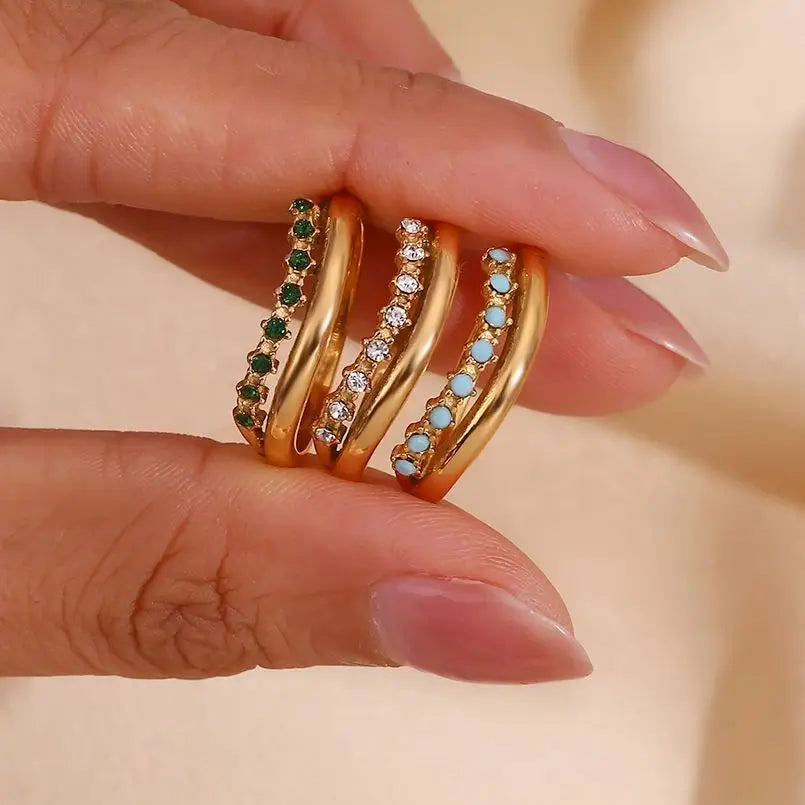 Anel Elegante de Aço Inoxidável com Zircônias