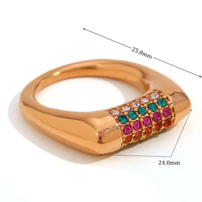 Anel Geométrico com Zircônias Coloridas Banhado a Ouro