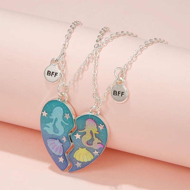 2Pcs/set Ocean Mermaid Shell BFF Necklace Broken Heart Shaped Pendant Necklaces for Girls Best Friend Jewelry Friendship Gift
