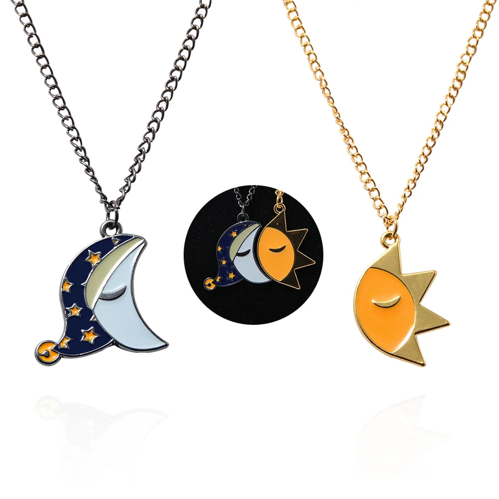 A Set Couple Sun and Moon Splicing Necklace Good Night Expression Pendant Necklace for Women Men Valentine's Day Gift