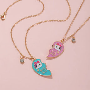 2PCS/Set Cute Cat Heart Pendant Chain Best Friends Sisters BFF Necklace Friendship Jewelry Gift for Girls