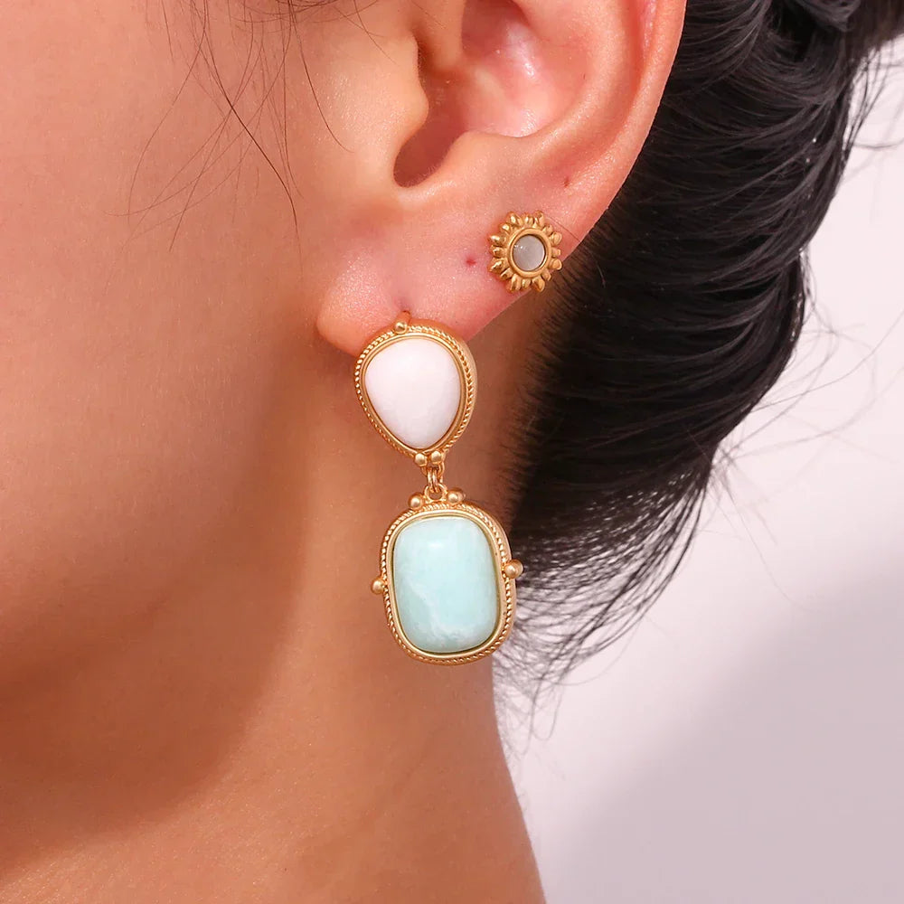Brincos Elegantes de Jade Branco e Amazonita