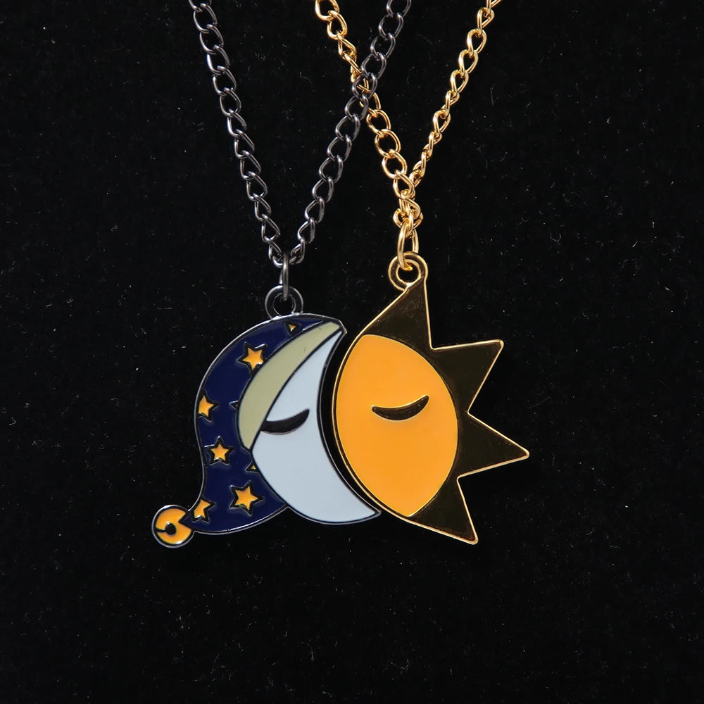 A Set Couple Sun and Moon Splicing Necklace Good Night Expression Pendant Necklace for Women Men Valentine's Day Gift
