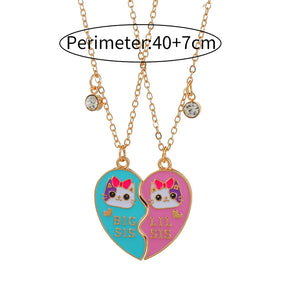 2PCS/Set Cute Cat Heart Pendant Chain Best Friends Sisters BFF Necklace Friendship Jewelry Gift for Girls