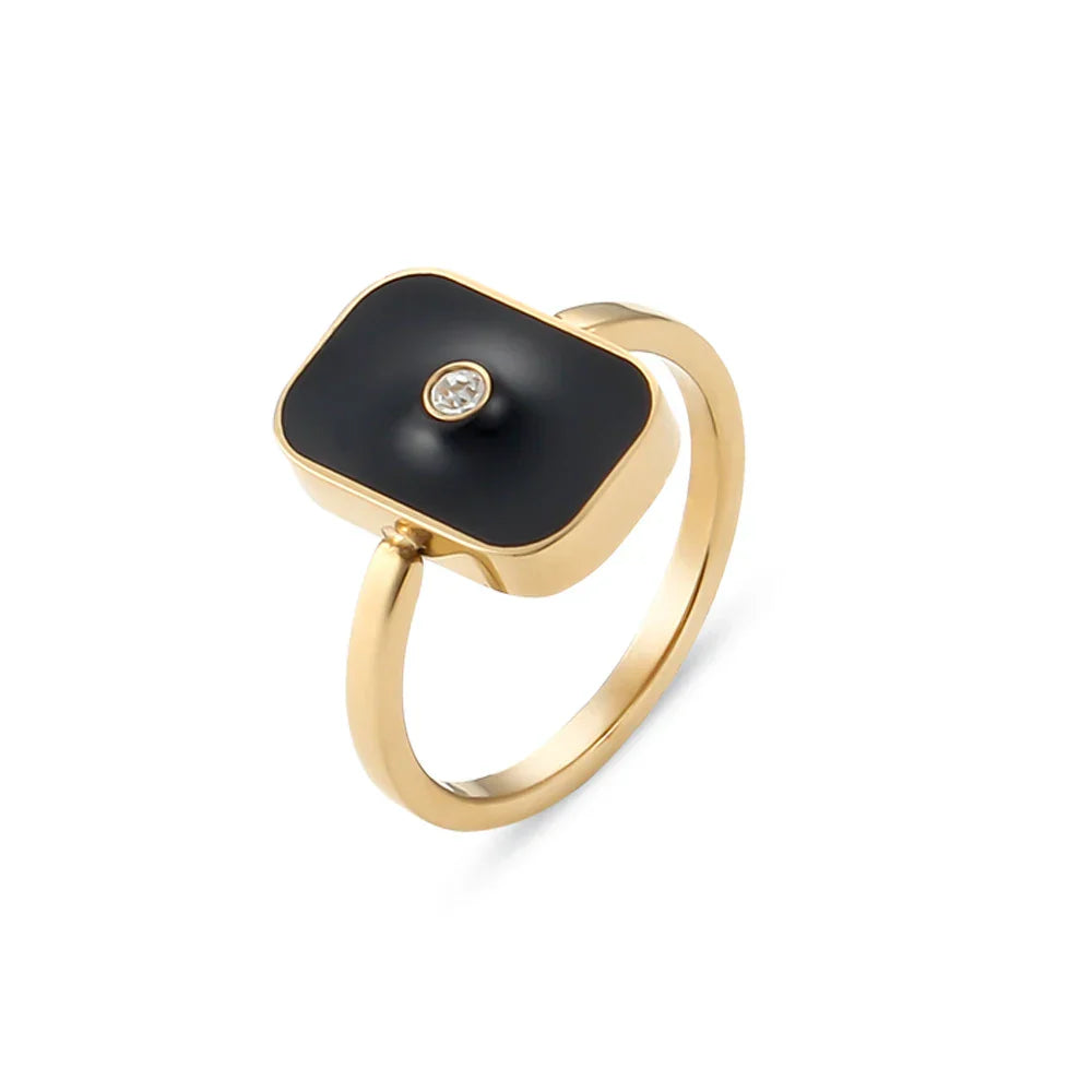 Anel Geométrico Vintage com Zircônia e Esmalte Preto