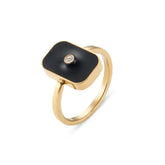 Anel Geométrico Vintage com Zircônia e Esmalte Preto