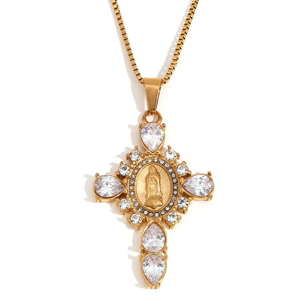 Colar Cruz Virgem Maria com Zircônia e Aço Inoxidável