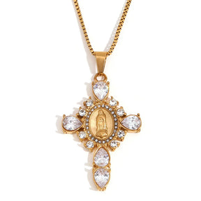 Colar Cruz Virgem Maria com Zircônia e Aço Inoxidável