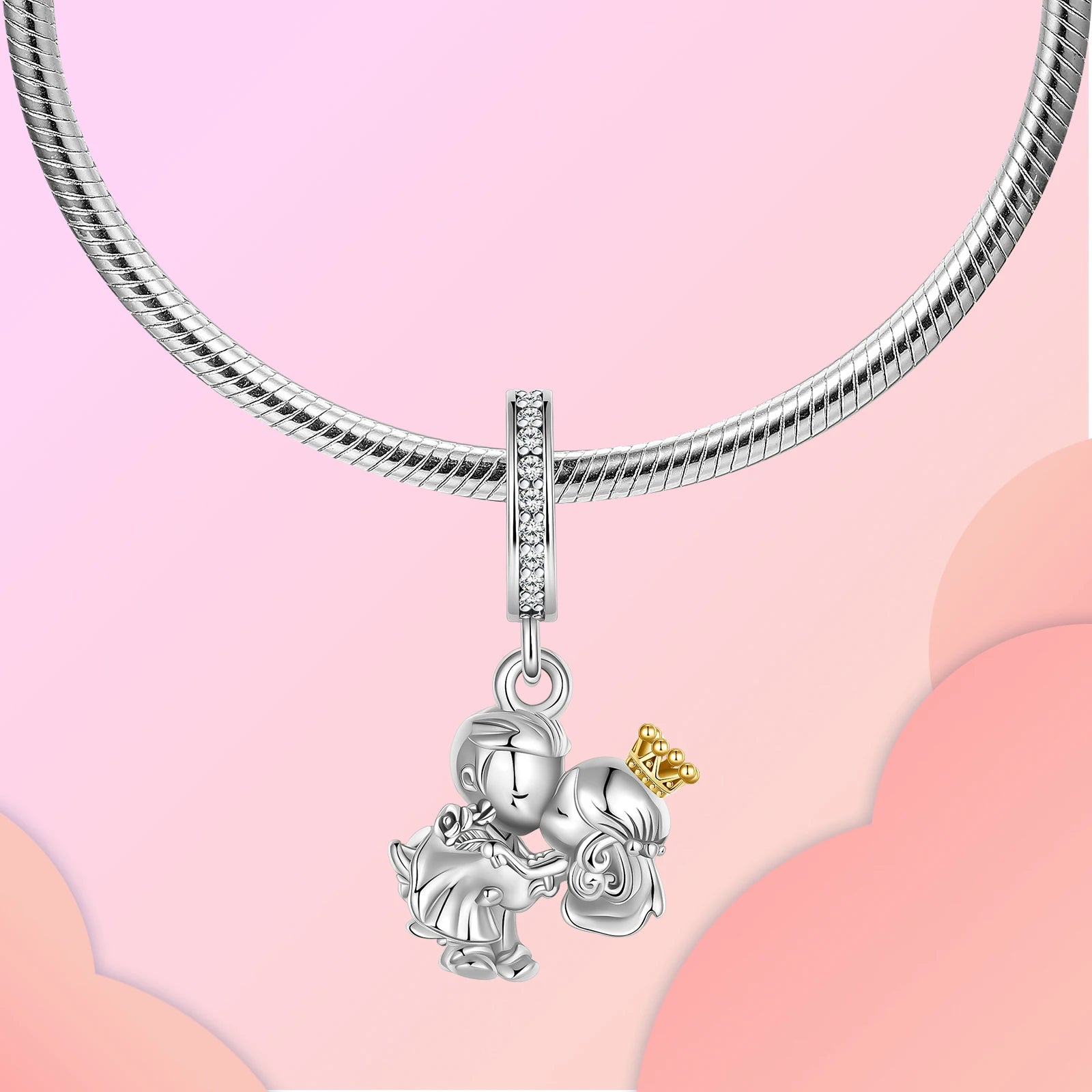 925 Sterling Silver Princess Couple kiss Crown Pendant Charm Fit 4MM hole diameter Charms Bracelets Women DIY Jewelry Gift