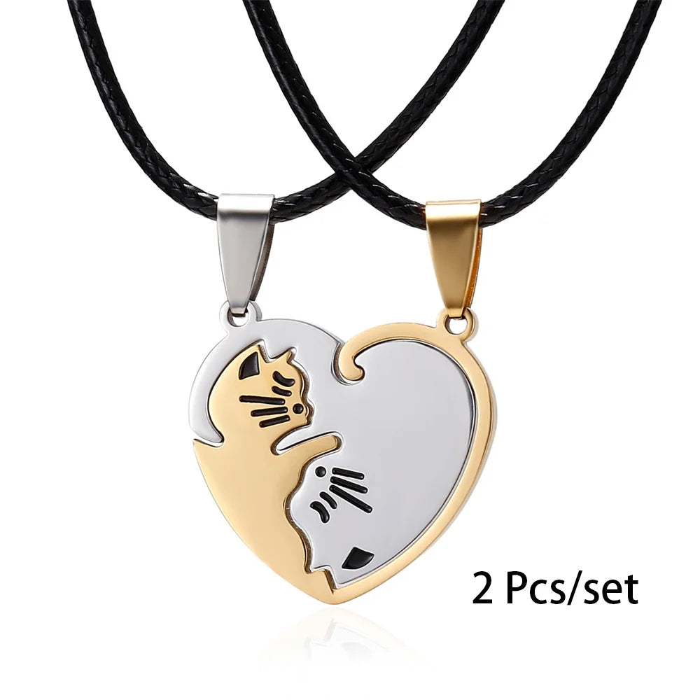 2 Pcs/set Cute Black And White Cat Pendant Stainless Steel Cat Embrace Couple Necklace Jewelry Gift For Men And Women Pendant