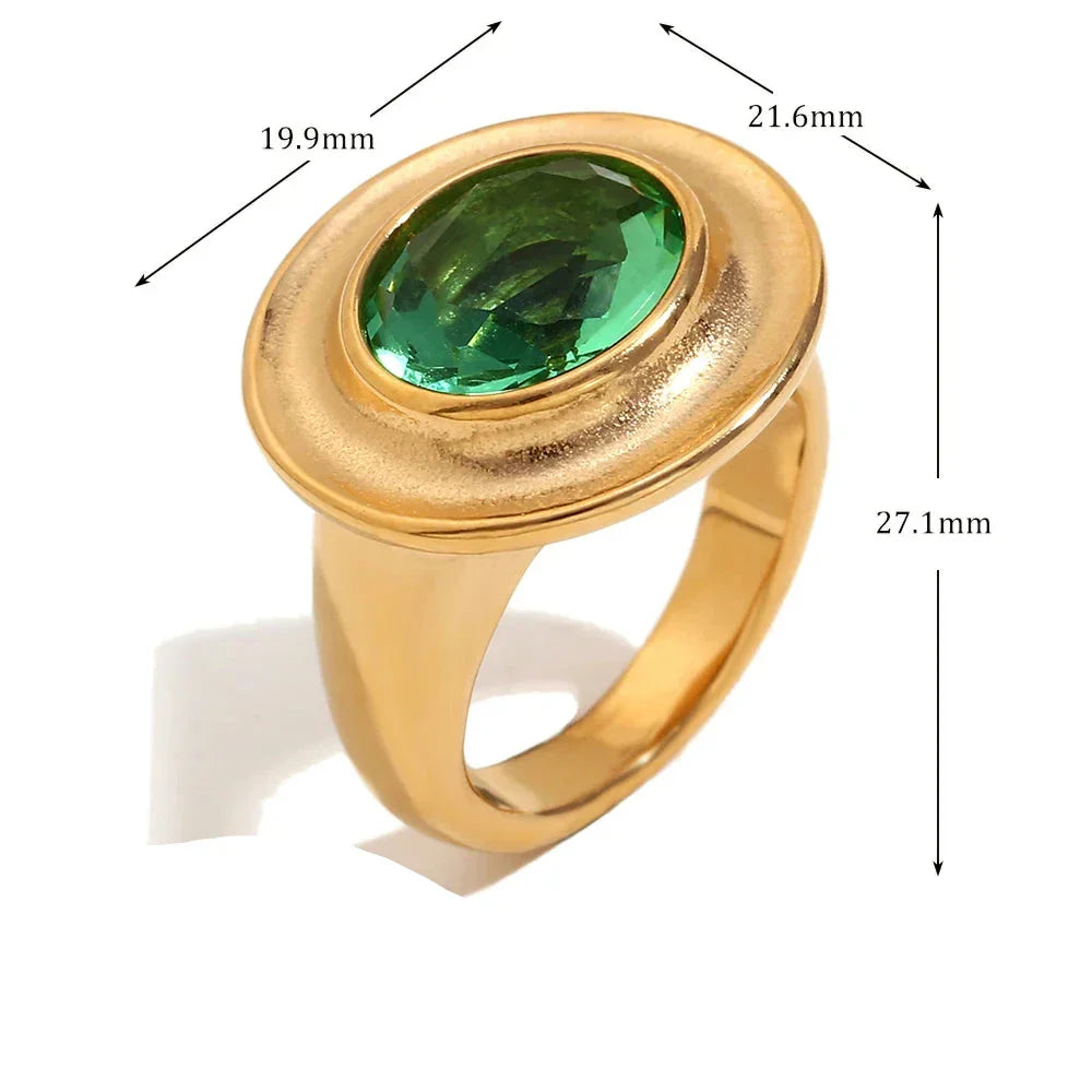 Anel Oval de Zircônia Verde em Aço Inoxidável 18k