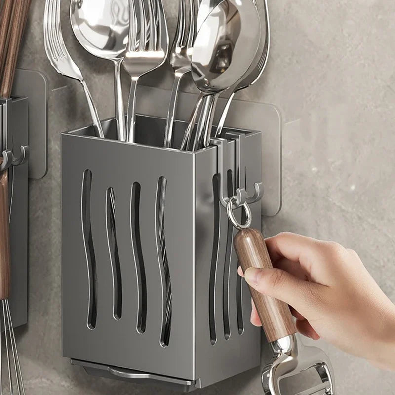 Rack de utensílio de cozinha de 1 peça-suporte de pauzinho de drenagem multifuncional, caixa de armazenamento de talheres de parede ou independente, plástico