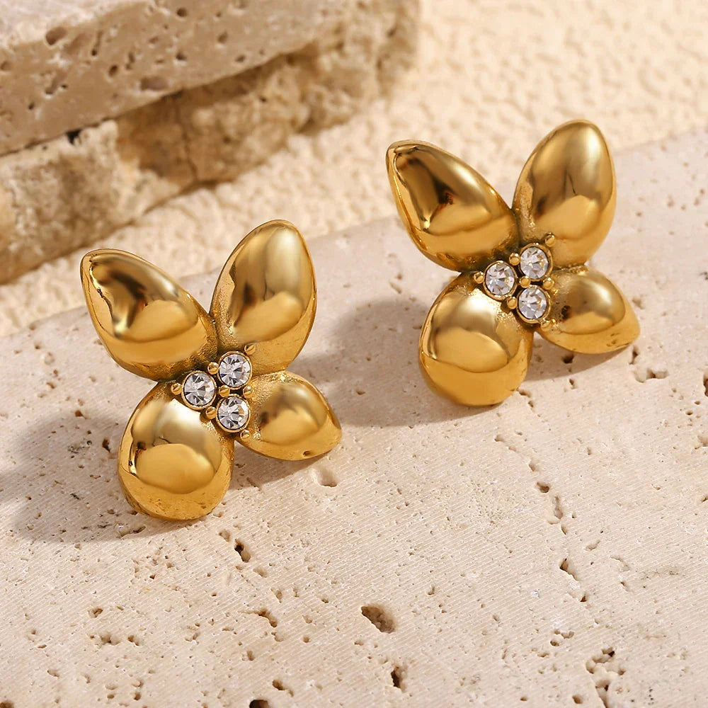 Brincos Florais de Zircônia Banhados a Ouro