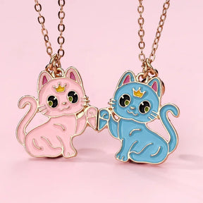 Lovecryst 2Pcs/set Cartoon Animal Alloy Cat Best Friend Necklace BFF Friendship Jewelry Gifts for Kids