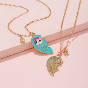 2PCS/Set Cute Cat Heart Pendant Chain Best Friends Sisters BFF Necklace Friendship Jewelry Gift for Girls