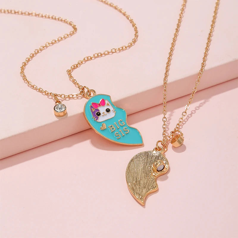 2PCS/Set Cute Cat Heart Pendant Chain Best Friends Sisters BFF Necklace Friendship Jewelry Gift for Girls