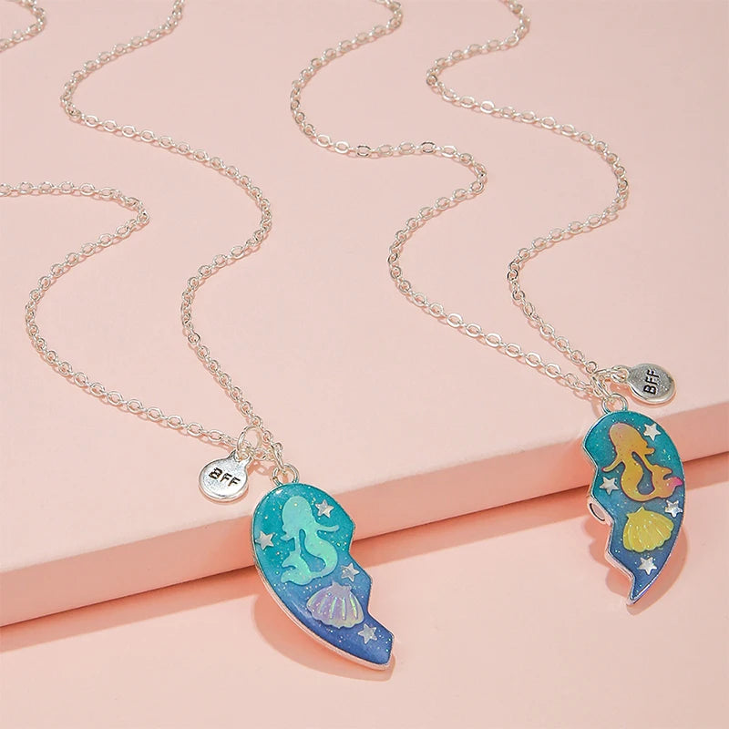 2Pcs/set Ocean Mermaid Shell BFF Necklace Broken Heart Shaped Pendant Necklaces for Girls Best Friend Jewelry Friendship Gift