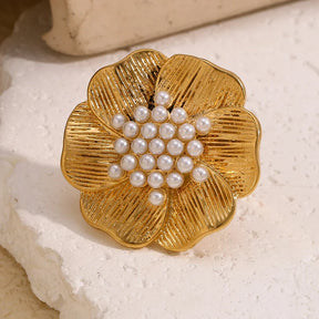 Anel Flor Elegante com Pérola e Aço Inoxidável