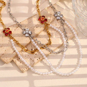 Colar Duplo de Pérolas e Flores em Ouro 18K Hipoalergênico