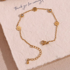 Pulseira Flor de Zircônia e Aço Inoxidável Banhado a Ouro