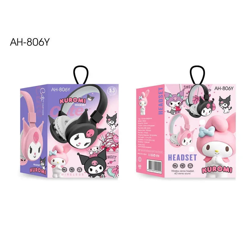 Fone sanrio hello kitty kuromi bluetooth fone de ouvido sem fio dos desenhos animados com microfone dobrável leve para telefones portátil