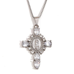 Colar Cruz Virgem Maria com Zircônia e Aço Inoxidável