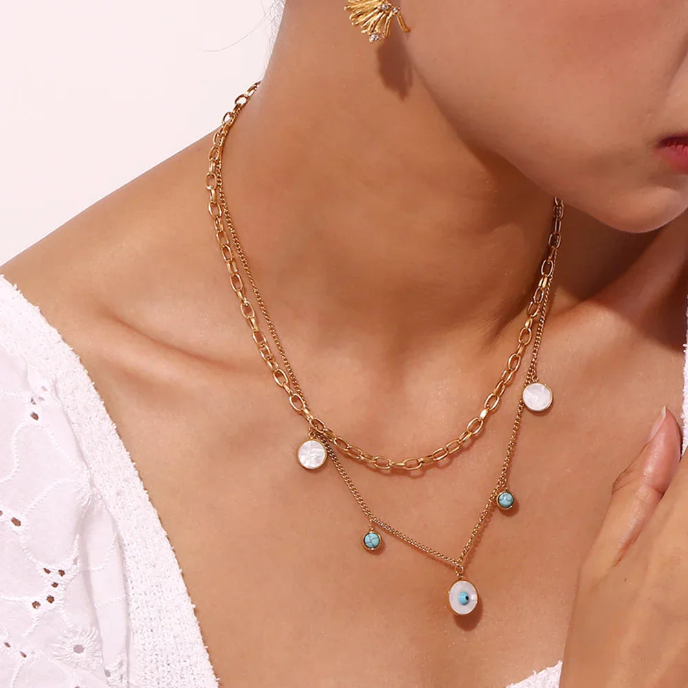Colar Duplo Olho Turquesa em Ouro 18K