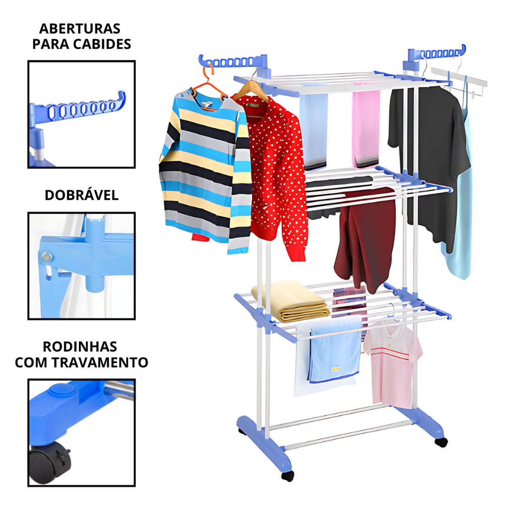 Varal Chão Retrátil 4 Andares com Rodinhas 15%OFF Primeira Compra + Frete Grátis-Compre até 3 x sem Juros