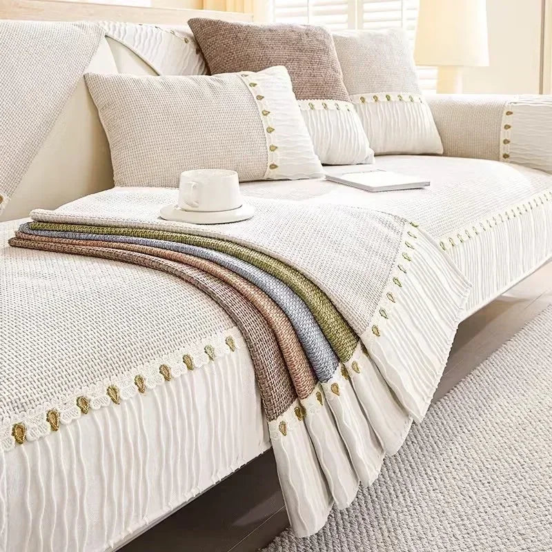 Capa para Sofá em Chenille Antiderrapante com Acabamento Elegante  Branco