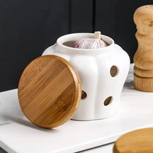 Pote de Cerâmica com Tampa de Madeira
